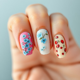 On some middle and pinky finger, a pastel pink background with small blue hibiscus flowers. And on ring and pointer finger a beige background with small little cherries.