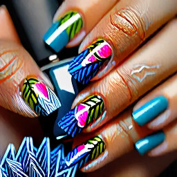 In style of macro photo, single hand, create nail art on fingernails based on: nails centered full view, sharp focus, true color, photoreal, 4k