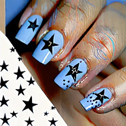 short almond nails, soft cornflower blue and milky natural tones, delicate black minimalist line art, subtle symbols inspired by individuality and emotional expression, small black hearts representing belonging and community, fine stars and abstract handwritten style lines inspired by “hope for the underrated youth”, soft and elegant with a hint of edgy personality, glossy finish