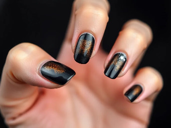 Short almond nail with a cute yet simple halloween themed design including at least 1 french tip, the color black, and sparkles