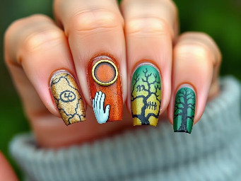 Can I have simple lotr nails where the pinky fingernail has part of the map and the ring fingernail has the one ring and the middle fingernail has a hobbit door and the pointer fingernail has the white hand of Saruman and the thumb fingernail has the Gondor tree pls