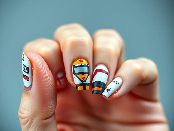f1 theme nails with hints towards lando norris and mclaren team. include drawings of f1 car, norris's helmet, mclaren logo and lando norris logo.