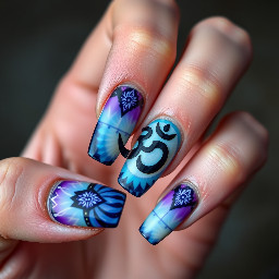 long square nails- ring finger must have OM sign, for the rest of the fingers you can freestyle. requirements- goa trance vibe, shivadelic vibe.
