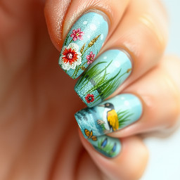 Nail design featuring hand painted scandanavian folk art, coastal/marsh themes with flowers, plants, marshy water and animals