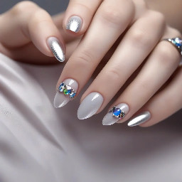 short French manicure in silver with a gemstone on every nail, the middle finger had no French but at least 6 gems of different sizes.