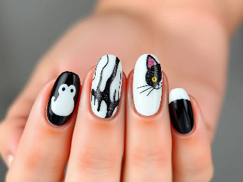 Design an image of oval shaped nails, 1 hand should have a black background with a white ghost on the middle finger and on the pointer finger should be a black background with a white spider web. The remainder should be sparkly black. On the other hand, the pointer finger should be white with a black drip from the nail bed towards the tip. The middle finger should have a white background with a cat, where just the eyes and ears are on the tip of the nail. The remainder should be sparkly black.