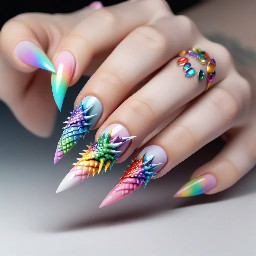 Long Stiletto Nail with design of the pastel rainbow Chinese dragon in full size with rainbow spikes on top of the dragon