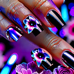 Cat claw shaped black nails with purple iridescent flower , pink iridescent flower, blue iridescent flower