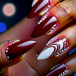 Almond nails with dark red French tips and white crescent moons at the bottom