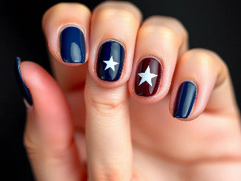 Navy blue nails with ring finger dark maroon with white star outline