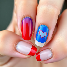 medium almond nails - one hand’s a royal blue and the other’s bright red - one color nails for the thumb, middle and ring finger and then for the index I wanted a french tip eith the other hand’s nail so if it’s the blue hand I wanted a red french tip and for the pinkie I wanted a nude base with a little heart the color of the other hand’s too