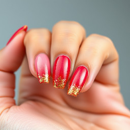 very light pink base gradient to deep red, with golden flakes on the tips