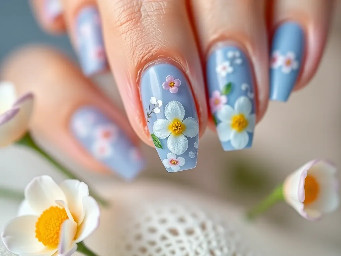 Cute blue blooming gel nails with blooming gel flowers
