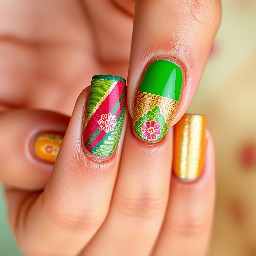 I need a few nail ideas to create 1 nail set a total of 3 saree shades together in 1 nail set I need to incorporate - parrot green with magenta pink border , bright red with dark green border and full medium gold shade. Indian bridal style nail art design with all these 3 set of sarees incorporated into 1 nail set