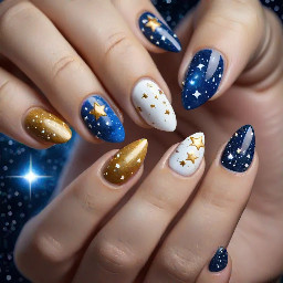 Short almond nails with the colors blue, gold, and white. French tip design, glitter on one of the fingers, constellations, stars, and moons.