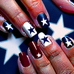 Dark red nails with navy blue ring finger with white star outline