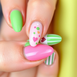 almond shaped pink and green nails, (hearts, dots, stripes, etc)