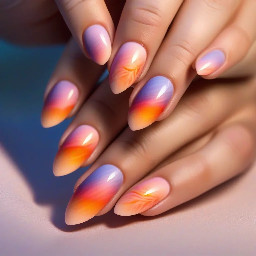 Almond shape nails with a pretty sunset pattern that isn’t too hard to paint