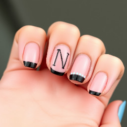 Almond shape 	•	pinky skin color base 	•	black micro French tips (very thin black line instead of thick tip)  	•	Ring finger: baby blue thin N letter in a bubble font  	•	Optional: tiny dot accents in baby blue near the cuticle