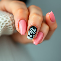 I'm designing my Halloween nails. I want a pinky-neutral base, almost a jelly nail look, extremely short nail, and a very small, easy to do Dracula cartoon face on my ring finger. Can you show me what that may look like?