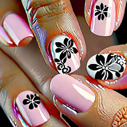 soft, oval shape with a milky white or light pink base. One nail features a black floral design with small gem. The other nails are a simple, clean, and classic solid color.
