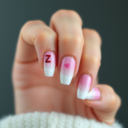ombré base pink and white almond with on left ring finger add a small Z near the tip in dark red & on the right ring finger add a small heart in the same place
