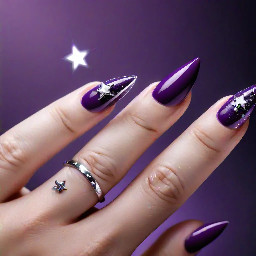 Long almond nails, dark purple modern French tip, with chrome silver stars and rhinestones