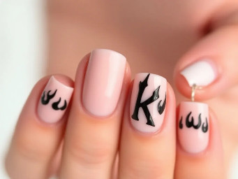 nude base with black french tip flames with letter k on middle finger