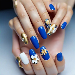 Blue and gold simple nails with 3d white flowers