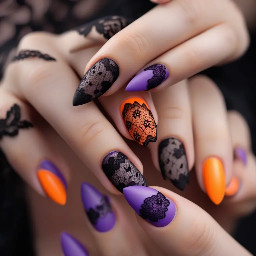 Almond nails, black lace, orange French tips, purple matte