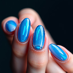 Close-up of almond nails, hyper-realistic. Cyberpunk, holographic tech, futuristic, translucent layers, digital motifs. Shades of blue (holographic blue, electric cyan, deep navy, icy white.