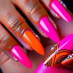 Stiletto nails hot pink and orange nail art