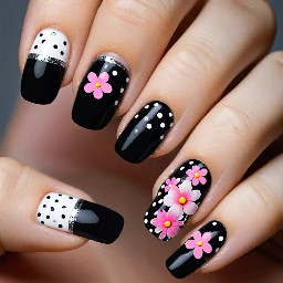 Thumb: either balck or white base with polka dots or with a base a dividere in between with one silver dot, index: white or black base and polka dots, middle; flower with blooming gel either of the colors, ring: french tip, pinky: a base with a divider.   Mix these on the other hand as well!