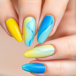 Women’s almond shape nails in yellow and different shades of blue in a simple water pool look.