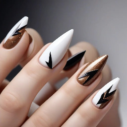 white nails black tips with sharp arrow shape with a glittery bronze between the white and black on a natural short to medium length nail