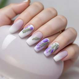 White long round acrylic nails. The ring finger is a white French tip with small delicate lavender and sage floral designs near the top edge of the nail