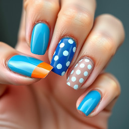 Sea blue and orange alternating nails. Blue ring finger with white polkadot