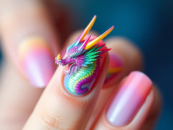 Stiletto Nail with design of pastel rainbow Chinese dragon with rainbow spikes