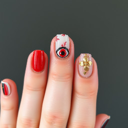 short almnd nail with some red cateye and some blooming gel nail and gold accent