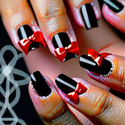 Red and black with a bow nails French tips