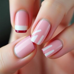 Okay maroon French tips and then FOR THE DESIGN ON THEM DO A BABY PINK 🩷 AND WHITE STRIPES ON THE NAILS SO COMBINE THIS ALL INTO ONE NAIL