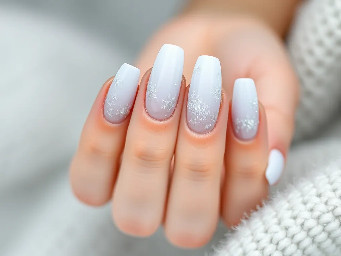 almond nails with a frosty winter and/or ice theme with the colours white and light misty blue. Can use glitter, French tips, ombre, shapes