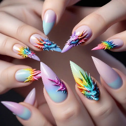 Long Stiletto Nail with design of the pastel rainbow Chinese dragon with rainbow spikes on top of the dragon