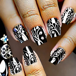 Silver chrome nails with delicate, hand-painted black vine patterns and tiny clear crystal accents, high-shine finish