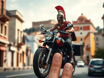 Create an 8k 35mm photo of a Spartan warrior riding a motorcycle through the streets of Sparta in modern day. Capture the warrior with an intensity and strength as he rides swiftly through the ancient city streets. Pay attention to details such as the shadows cast by the motorcycle, the glint of sunlight reflecting off the warrior's helmet, and the vibrant colors of the surrounding buildings. The backdrop of the image should contrast the modern world with the remnant grandeur of the historic city. Include the iconic Acropolis of Sparta in the background if possible.