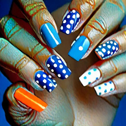 Sea blue and orange alternating nails. Blue ring finger with white polkadot