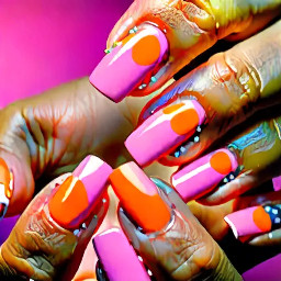 Short round nails, nude base coat, colorful french tips with polkadots. colors: pink, orange, yellow