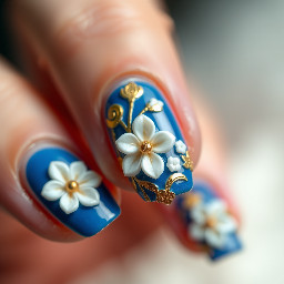 Blue and gold simple nails with 3d white flowers