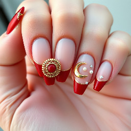 Nude pink base with medium‑to‑long nails in almond style. Blood‑red French tips outlined with metallic gold. Vivienne Westwood orb charms centered on the middle fingers and a gold crescent‑moon charm on each thumb. Tiny pearls and small shiny star accents scattered as delicate detailing across the nails.