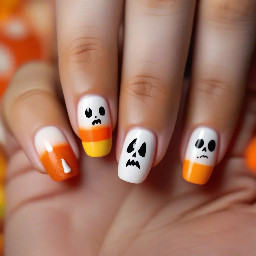 Halloween nails, pumpkin, candy corn, ghosts, patches
